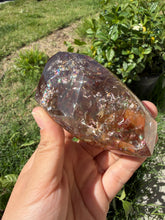 Load image into Gallery viewer, Hematite Smoky Quartz Crystal | Orange Flower Inclusions Rainbow Flash, A339