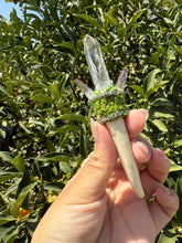 Load image into Gallery viewer, Handmade Crystal Wand – Lemurian Quartz &amp; Vera Cruz Amethyst with Deer Antler
