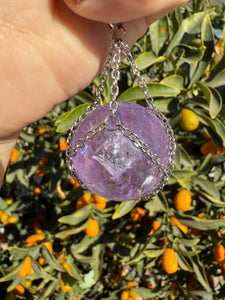 Amethyst Sphere Pendant Necklace with Silver Chain Wrap