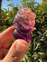 Load image into Gallery viewer, Yellow Purple Candy Fluorite Dancing Lion Carving,Fluorite Kirin
