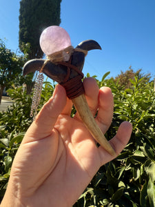 Handcrafted Amethyst Crystal Wand with Antler and Horn Design