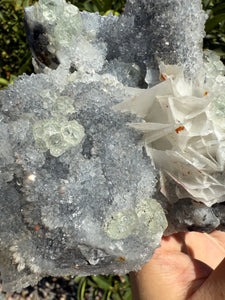 Green Fluorite with Sparkling Quartz and Calcite Double Mixed Mineral Specimen