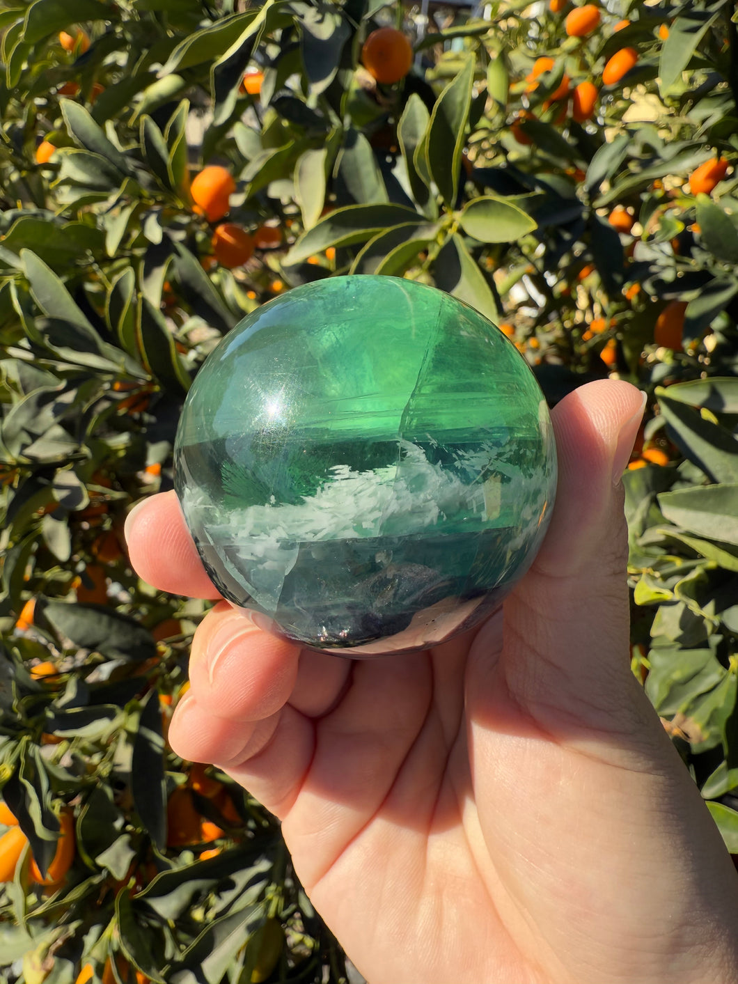 Natural Feather Fluorite Sphere , Snowflake Quartz Crystal Fluorite Ball