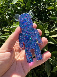 Shiny purple blue toy bear Handmade resin sculpture