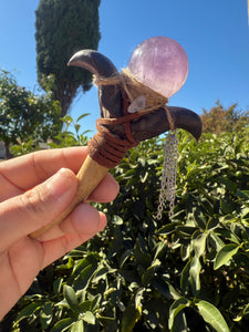 Handcrafted Amethyst Crystal Wand with Antler and Horn Design