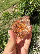 Load image into Gallery viewer, Hematite Quartz Crystal | Orange Flower Inclusions Rainbow Flash, A336
