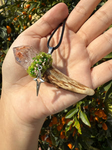 Pocket Deer Antler Red Mud Skeletal Quartz Crystal Wand Necklace