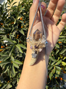 Pocket Deer Antler Smoky Crystal Wand Necklace