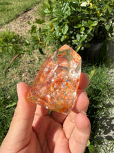 Load image into Gallery viewer, Hematite Quartz Crystal | Orange Flower Inclusions Rainbow Flash, A334

