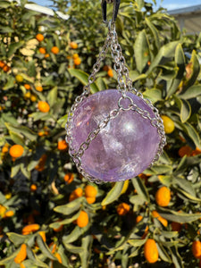 Amethyst Sphere Pendant Necklace with Silver Chain Wrap