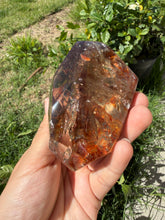 Load image into Gallery viewer, Hematite Smoky Quartz Crystal | Orange Flower Inclusions Rainbow Flash, A339
