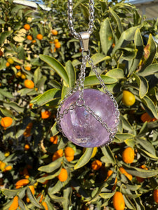 Amethyst Sphere Pendant Necklace with Silver Chain Wrap