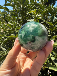 Natural Feather Fluorite Sphere , Snowflake Quartz Crystal Fluorite Ball,A88