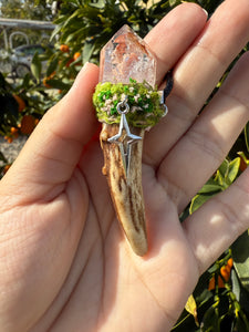 Pocket Deer Antler Red Mud Skeletal Quartz Crystal Wand Necklace