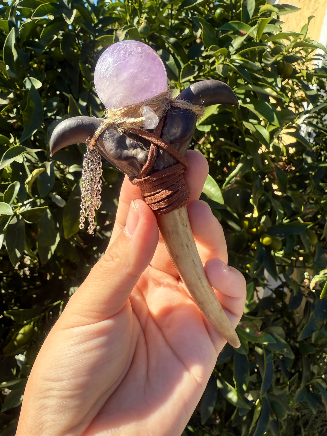 Handcrafted Amethyst Crystal Wand with Antler and Horn Design