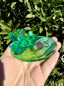 Green Blue Crystal Cluster Shiny Resin Oval Tray