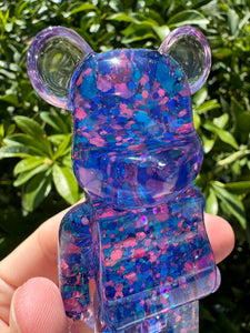 Shiny purple blue toy bear Handmade resin sculpture