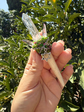 Load image into Gallery viewer, Handmade Crystal Wand – Lemurian Quartz &amp; Vera Cruz Amethyst with Deer Antler
