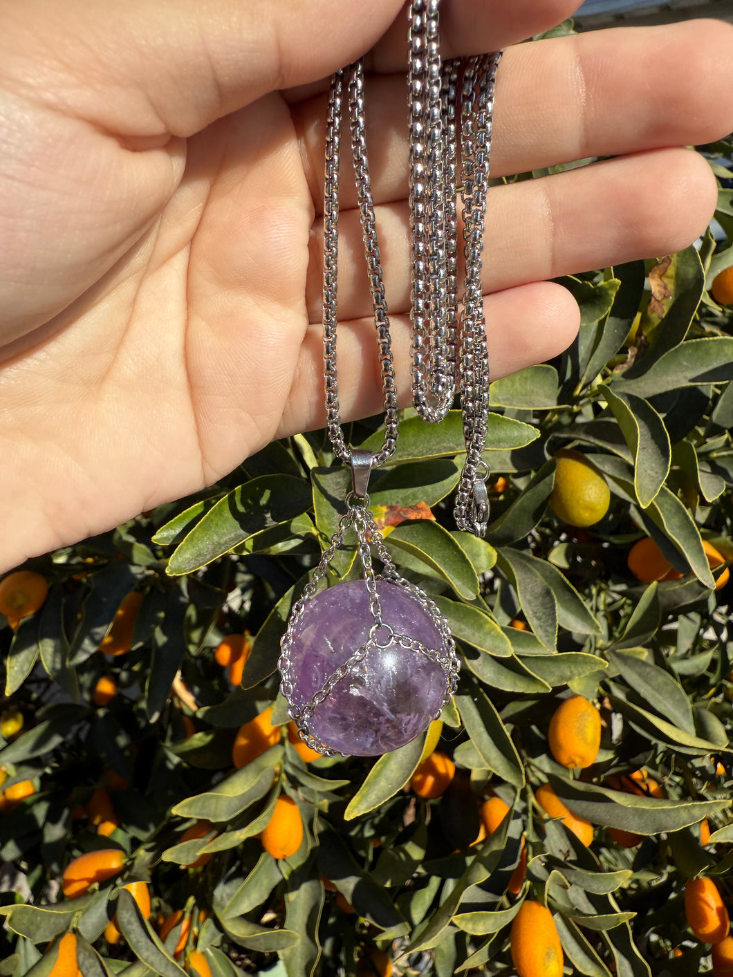 Amethyst Sphere Pendant Necklace with Silver Chain Wrap