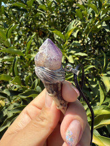 Deer Antler Amethyst Crystal Wand Necklace - Handmade Vintage Mystic Pendant