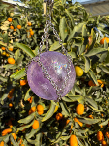 Amethyst Sphere Pendant Necklace with Silver Chain Wrap