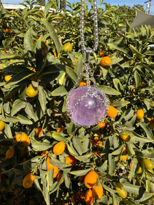 Amethyst Sphere Pendant Necklace with Silver Chain Wrap