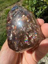 Load image into Gallery viewer, Hematite Smoky Quartz Crystal | Orange Flower Inclusions Rainbow Flash, A339
