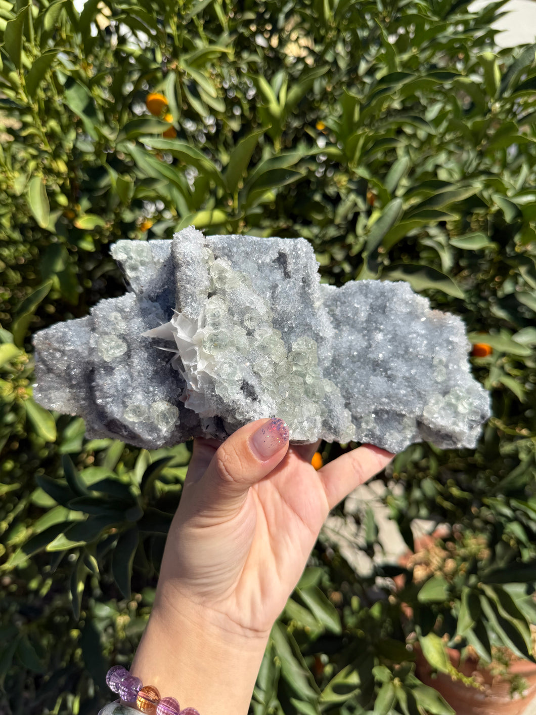 Green Fluorite with Sparkling Quartz and Calcite Double Mixed Mineral Specimen