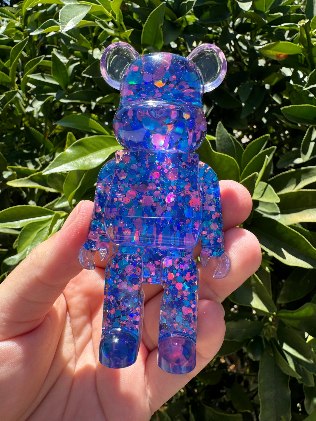 Shiny purple blue toy bear Handmade resin sculpture