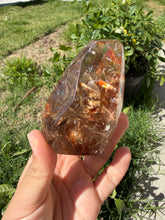 Load image into Gallery viewer, Hematite Smoky Quartz Crystal | Orange Flower Inclusions Rainbow Flash, A339
