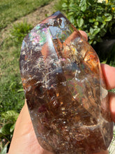 Load image into Gallery viewer, Hematite Smoky Quartz Crystal | Orange Flower Inclusions Rainbow Flash, A339

