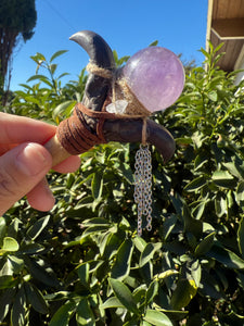 Handcrafted Amethyst Crystal Wand with Antler and Horn Design