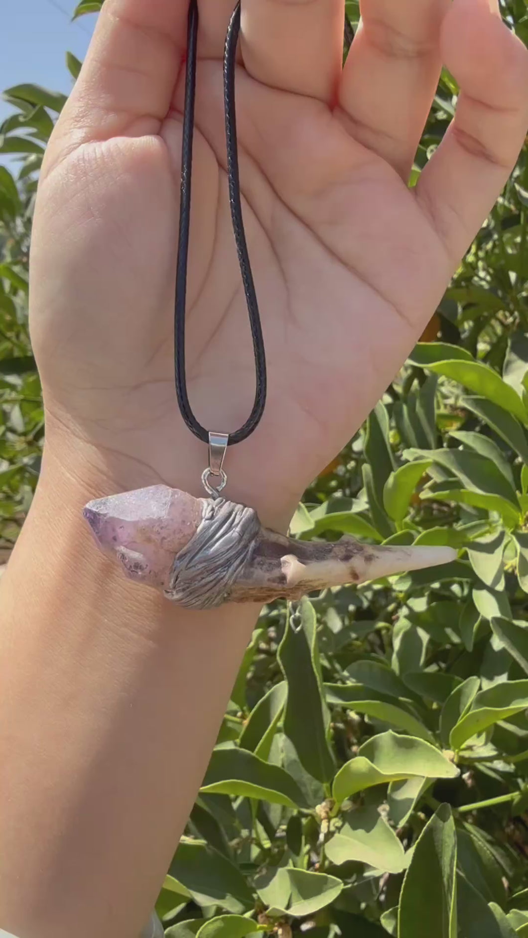 Deer Antler Amethyst Crystal Wand Necklace - Handmade Vintage Mystic Pendant